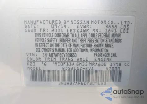 2014 Nissan Sentra Sl из США, поврежденный, VIN 3N1AB7AP6EY309653
